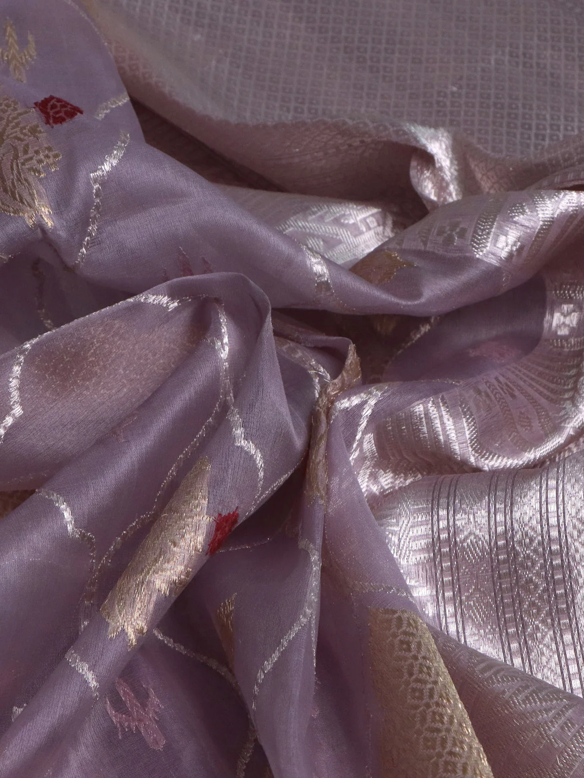 Pastel Grey Banarasi Kora Silk Saree - Image 3