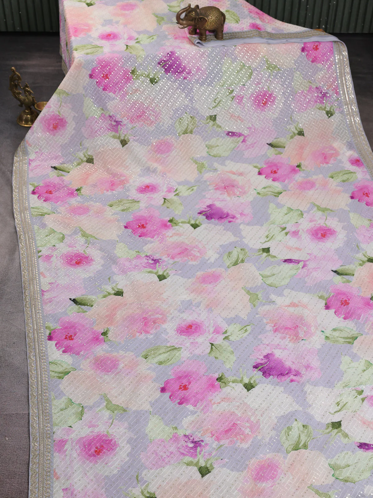 Pastel Grey Sequin Embroidery Georgette Saree - Image 2