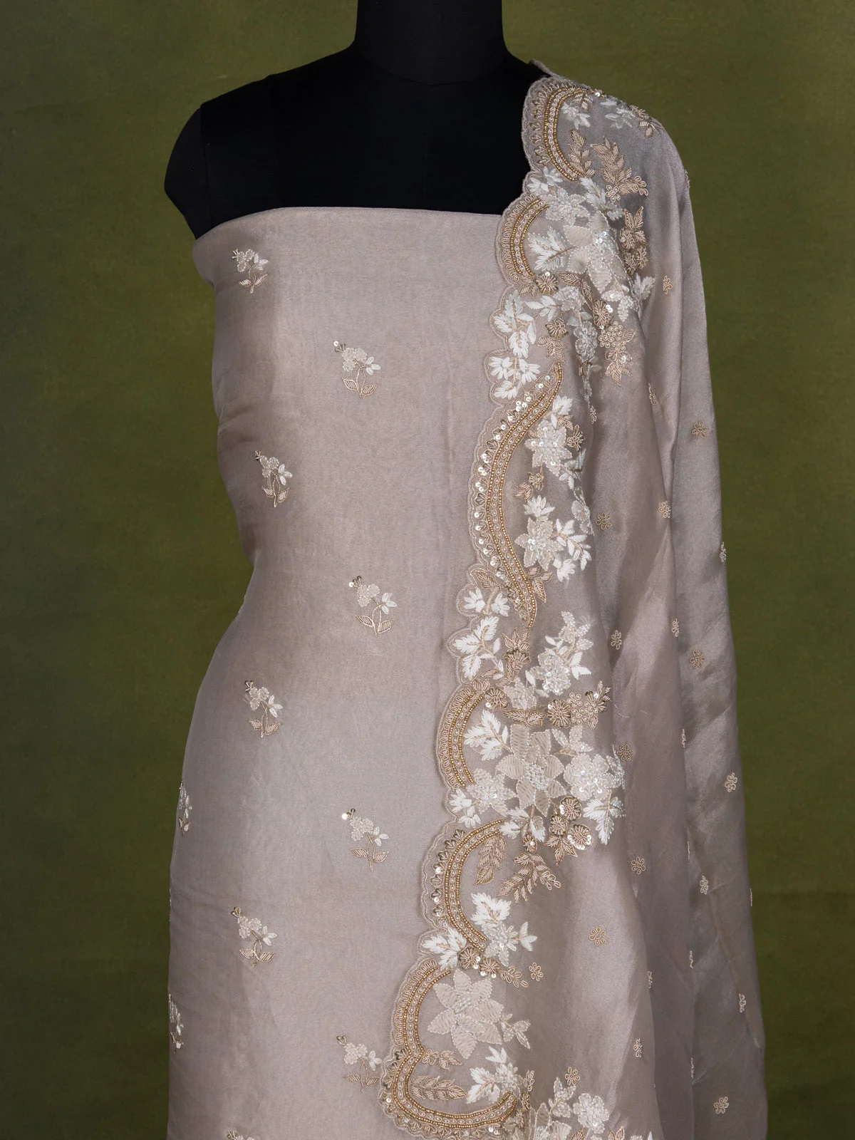 Pastel Grey Tissue Silk Unstitched Suit - Image 3