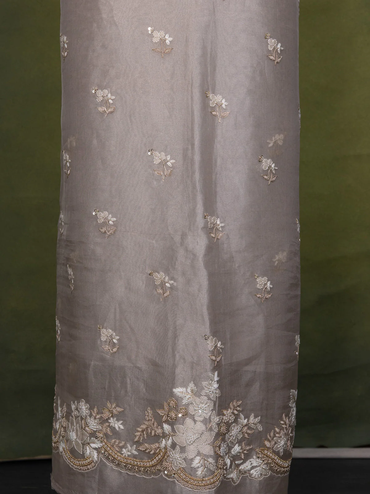 Pastel Grey Tissue Silk Unstitched Suit - Image 4