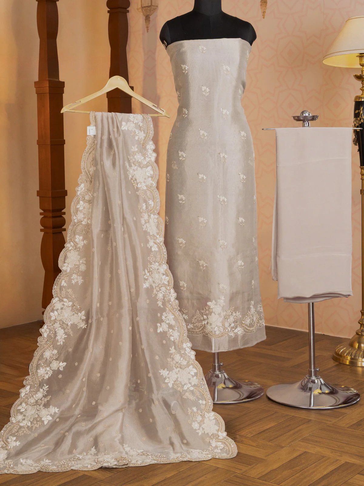 Pastel Grey Tissue Silk Unstitched Suit - Image 5