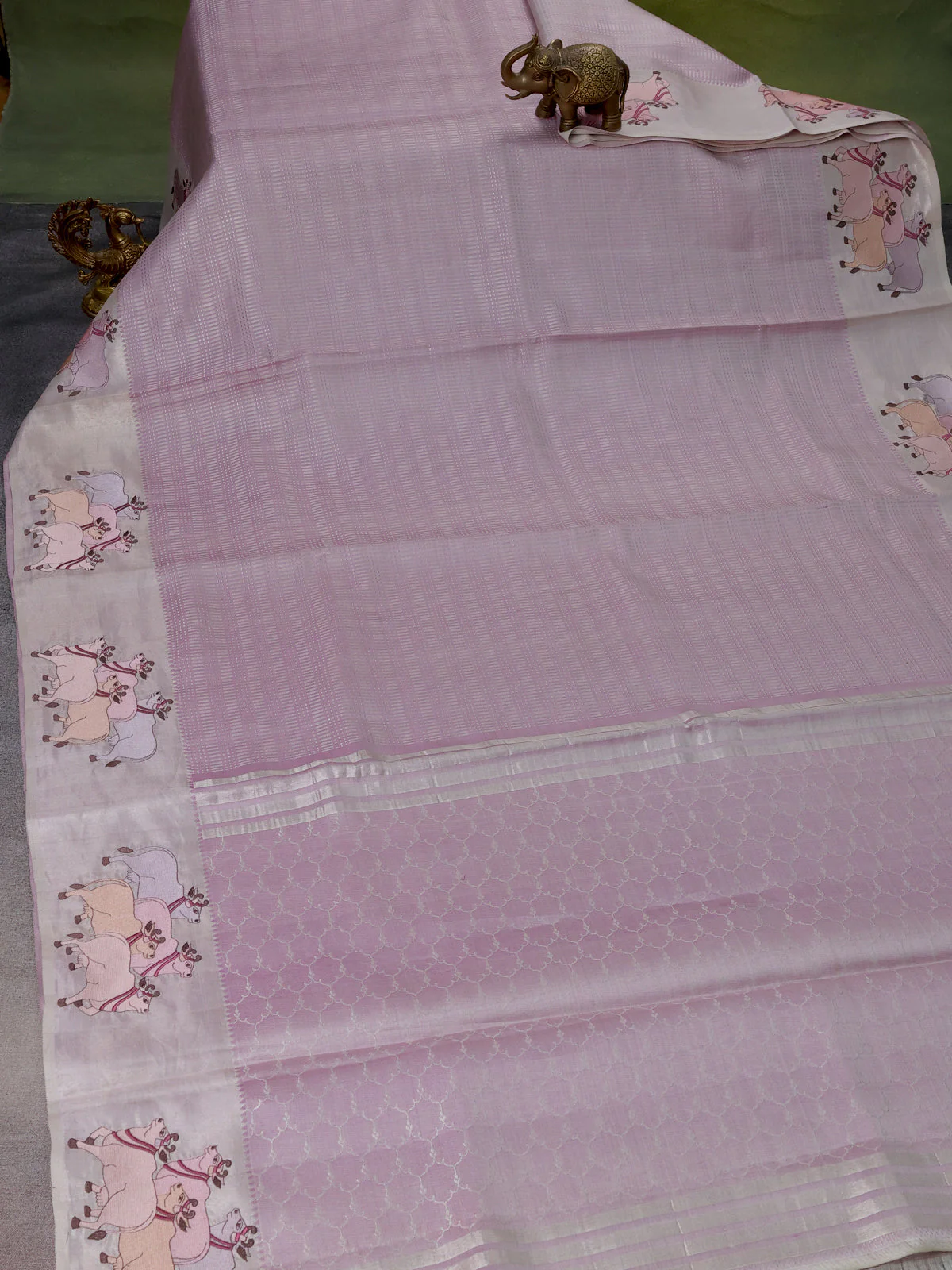 Pastel Lavender Kanchipuram Silk Saree With Pichwai Design Border Embroidery - Image 2