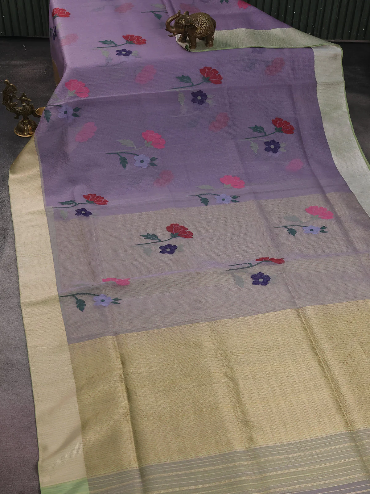 Pastel Lavender-Pista Green Banarasi Kora Silk Saree - Image 2