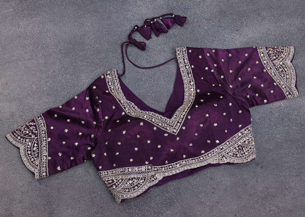 Pastel Lavender-Purple Tissue Silk Saree With Embroidered Readymade Blouse - Image 5