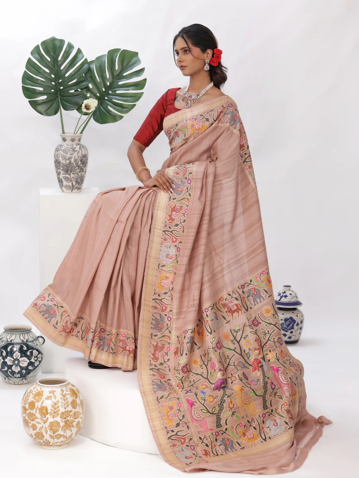 Pastel Peach Banarasi Tussar Silk Saree - Image 3