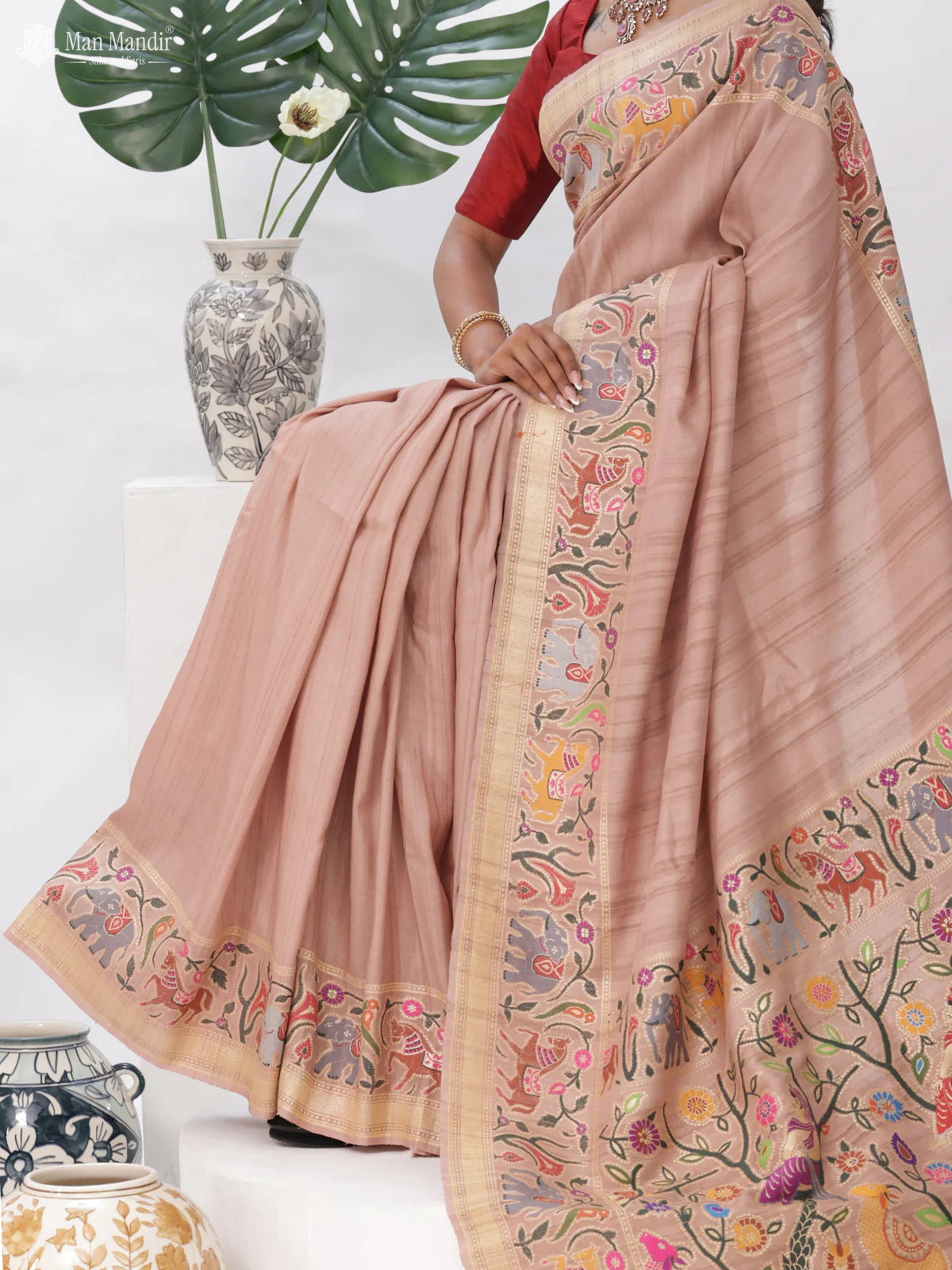 Pastel Peach Banarasi Tussar Silk Saree - Image 4