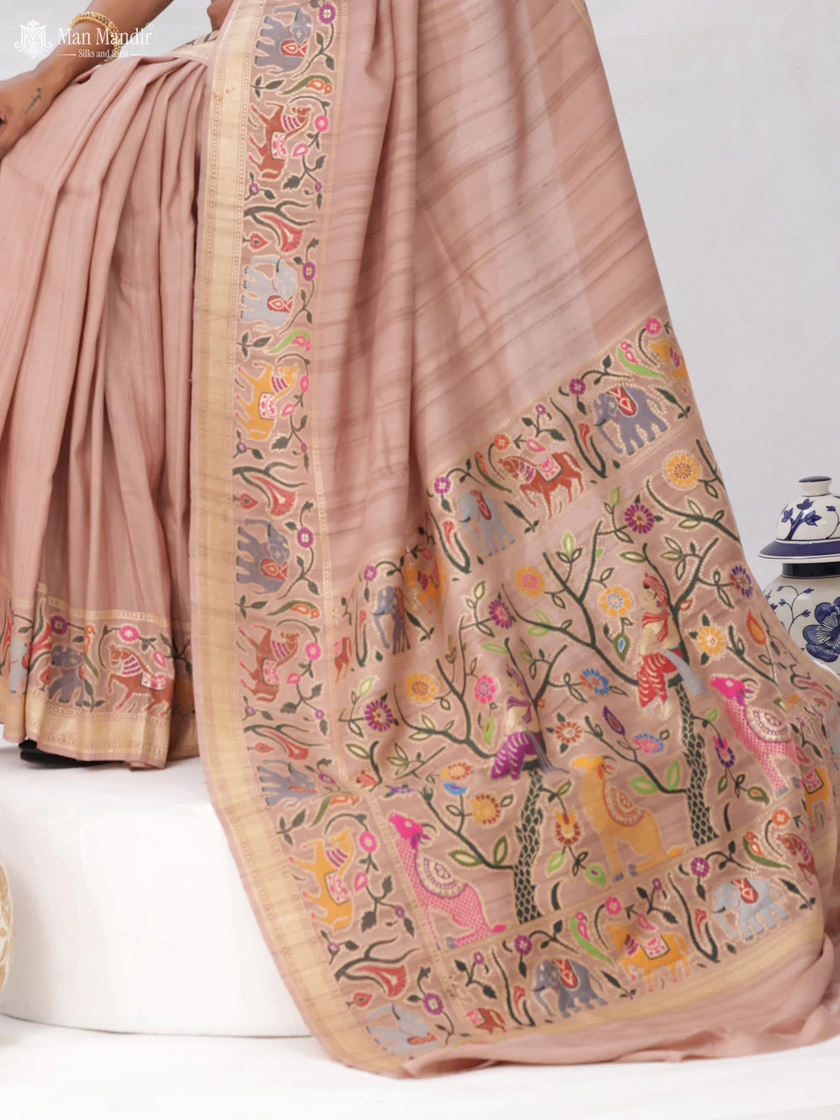 Pastel Peach Banarasi Tussar Silk Saree - Image 5