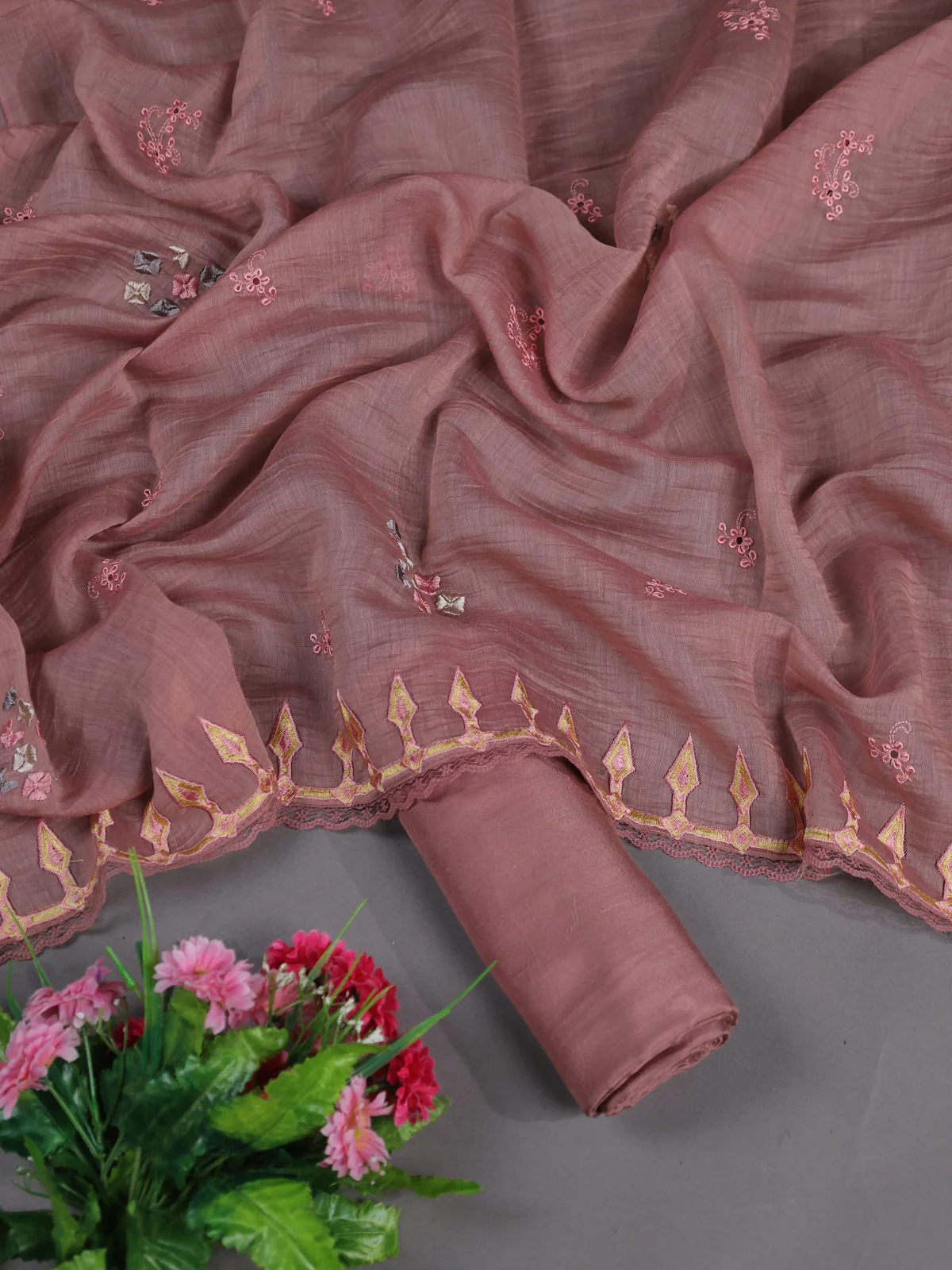 Pastel Peach Mul Chanderi Semi Stitched Suit - Image 2