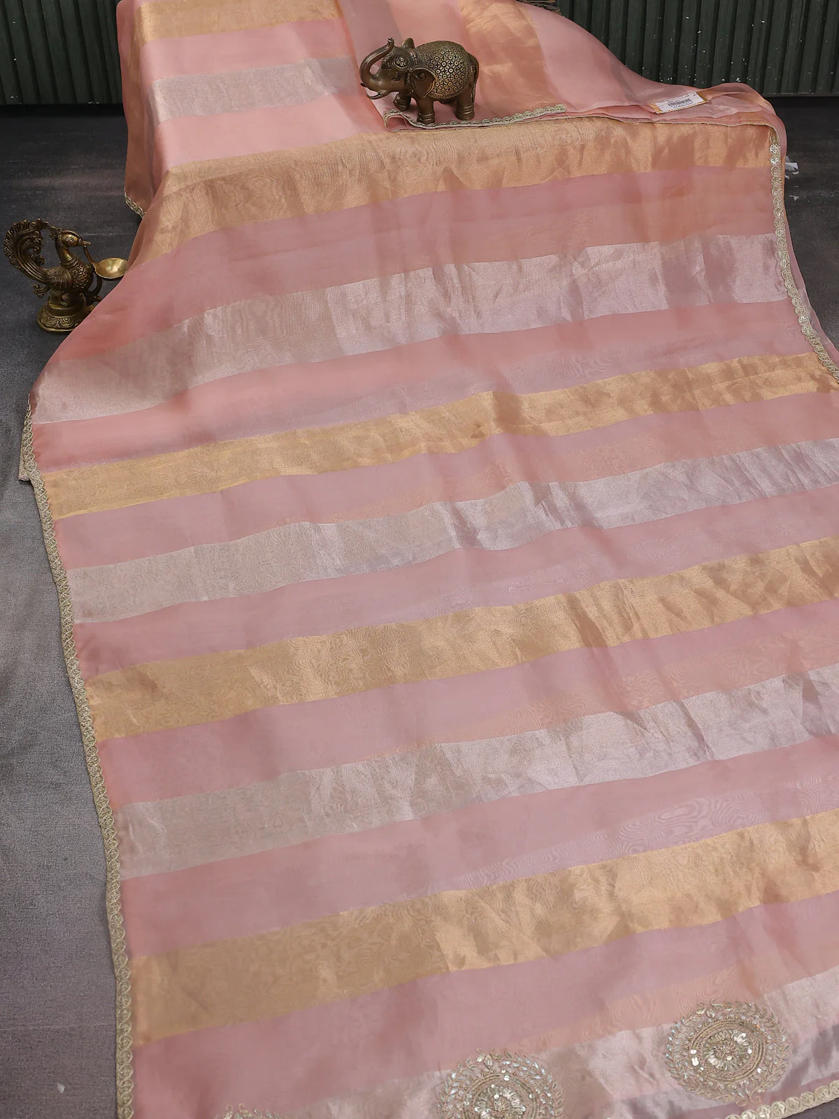 Pastel Peach Tissue Organza Silk Saree With Embroidery Readymade Blouse - Image 3