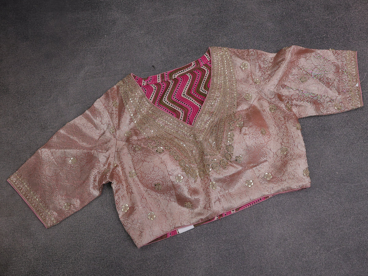 Pastel Peach Tissue Organza Silk Saree With Embroidery Readymade Blouse - Image 5