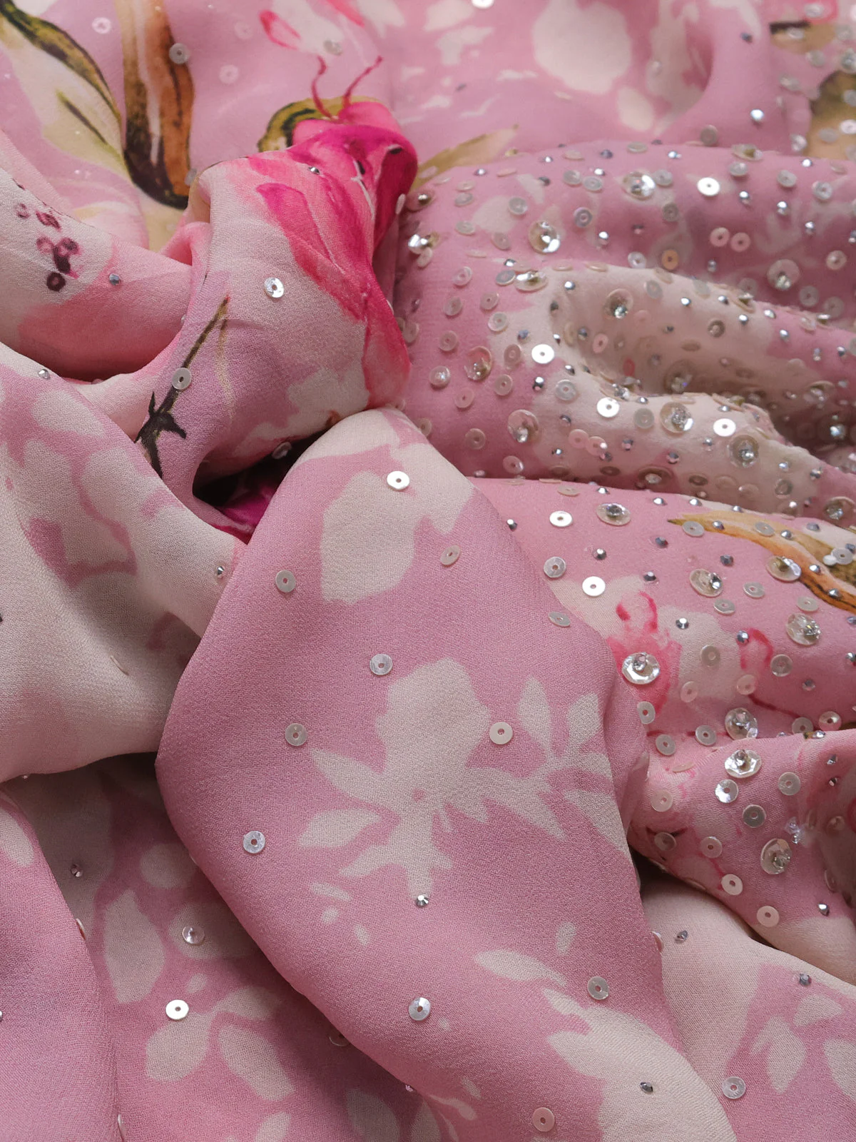 Pastel Pink Pure Chiffon Saree With Floral Prints & Sequin Work Border - Image 3
