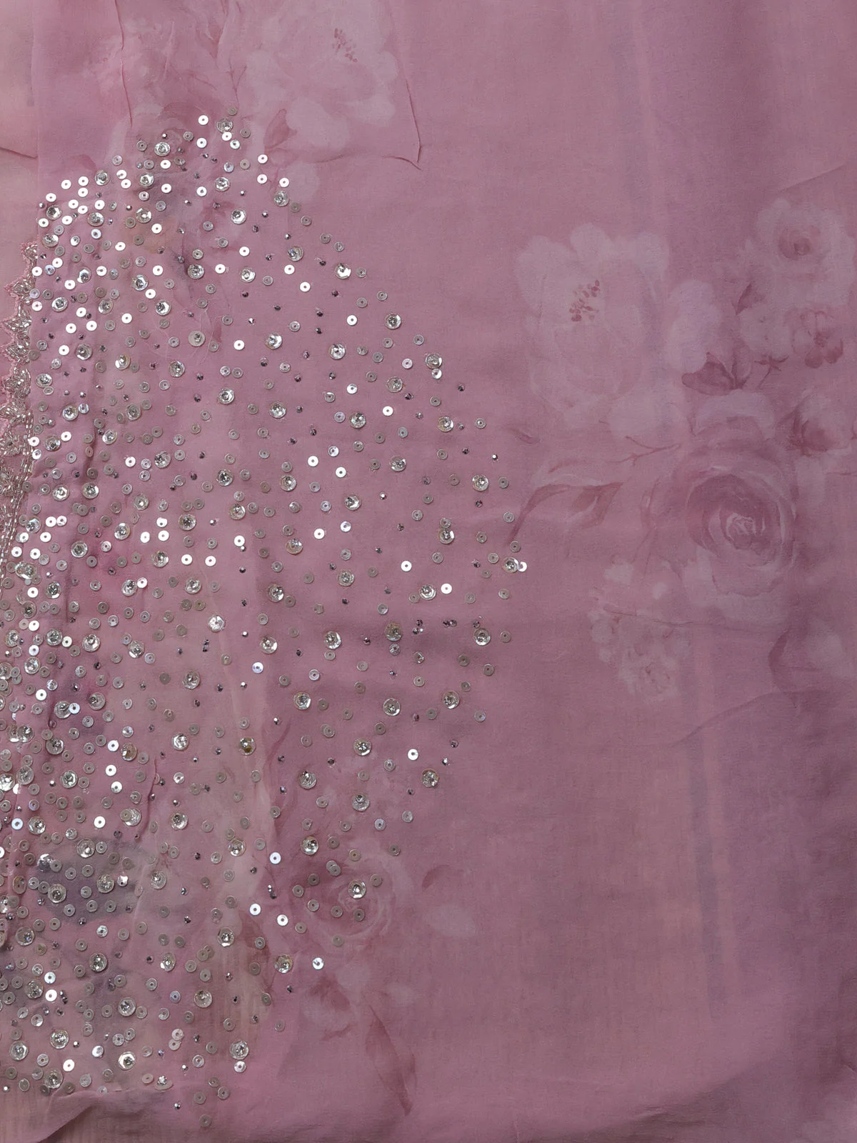 Pastel Pink Pure Chiffon Saree With Floral Prints & Sequin Work Border - Image 4