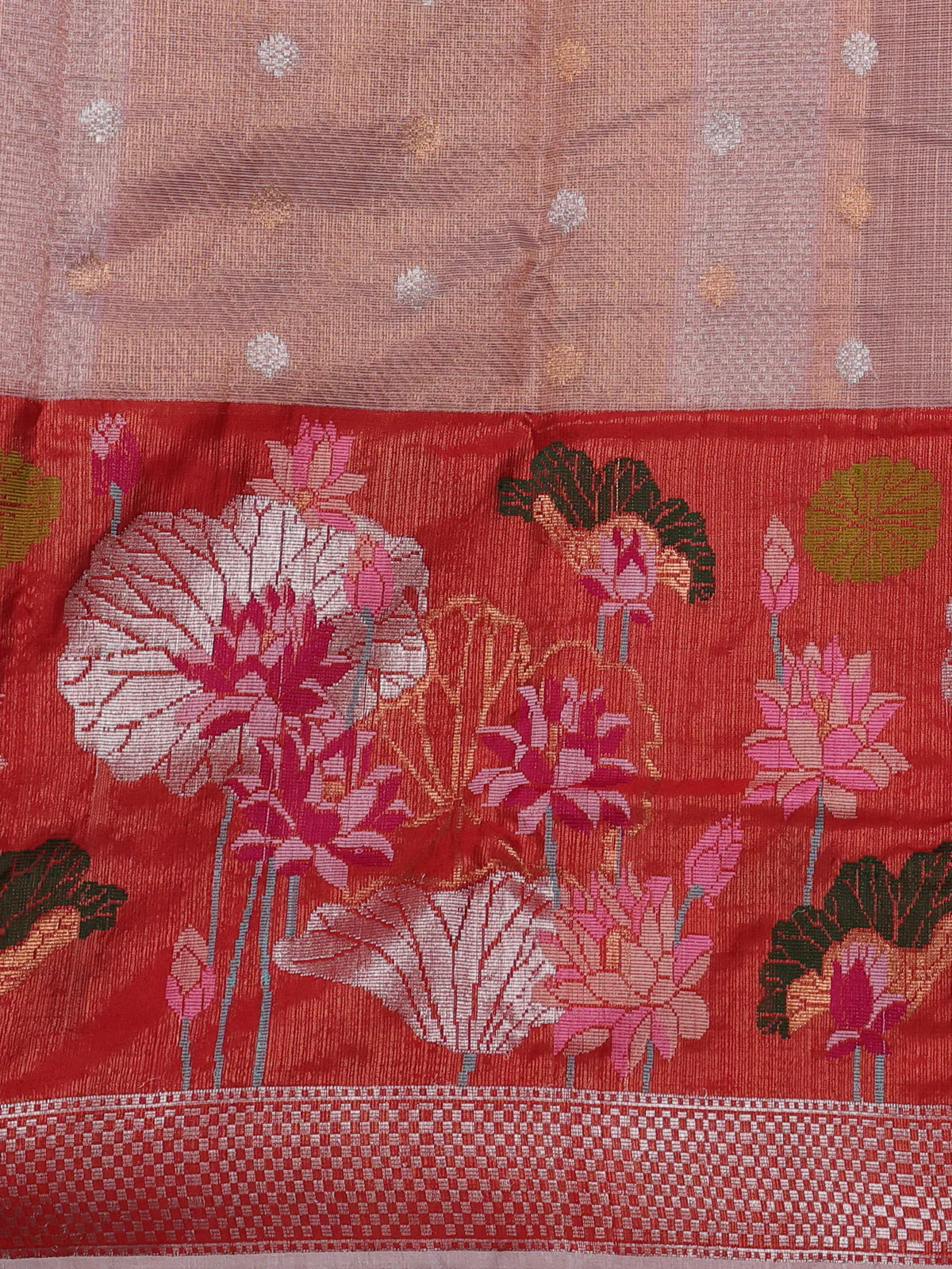 Pastel Pink-Red Kota Tissue Silk Saree - Image 3