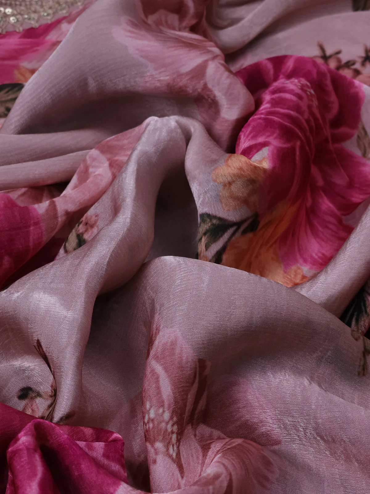 Pastel Pink Satin Crepe Saree - Image 3