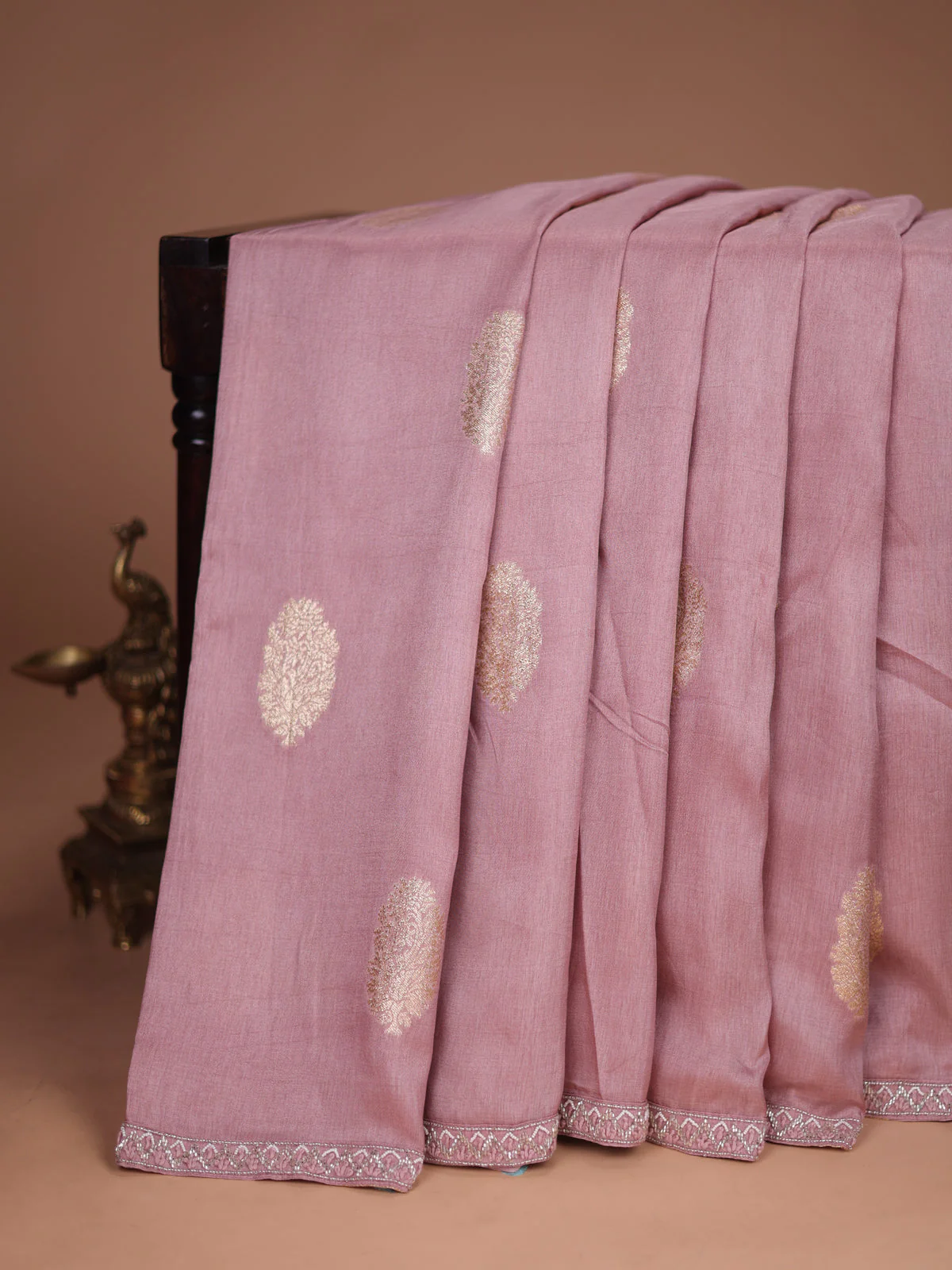 Pastel Pink Tussar Silk Saree With Embroidered Readymade Blouse - Image 2
