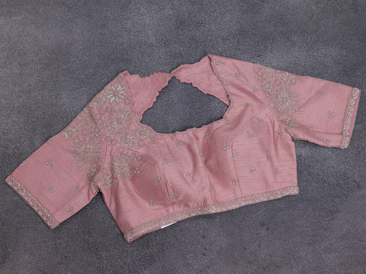Pastel Pink Tussar Silk Saree With Embroidered Readymade Blouse - Image 4