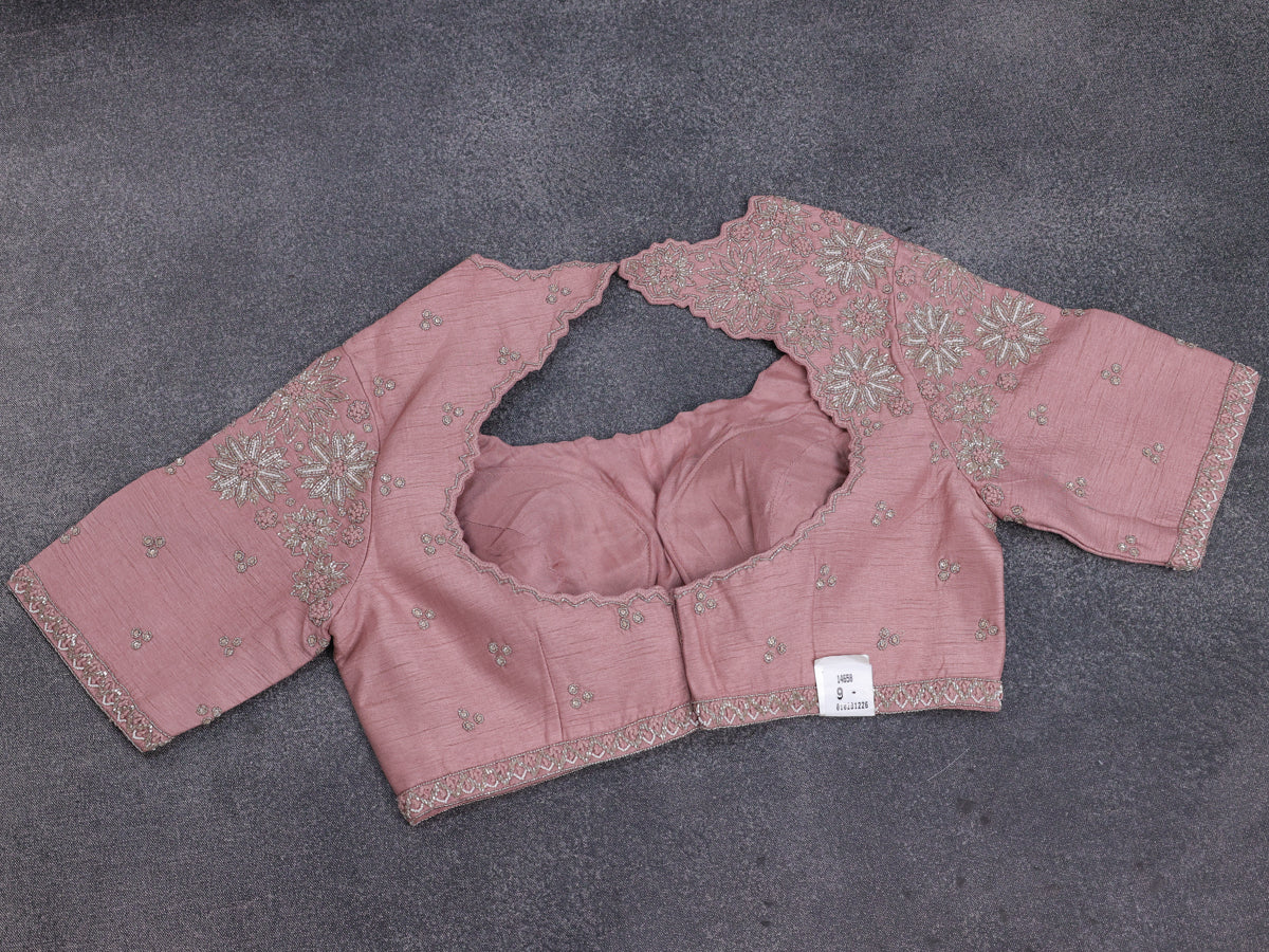 Pastel Pink Tussar Silk Saree With Embroidered Readymade Blouse - Image 5