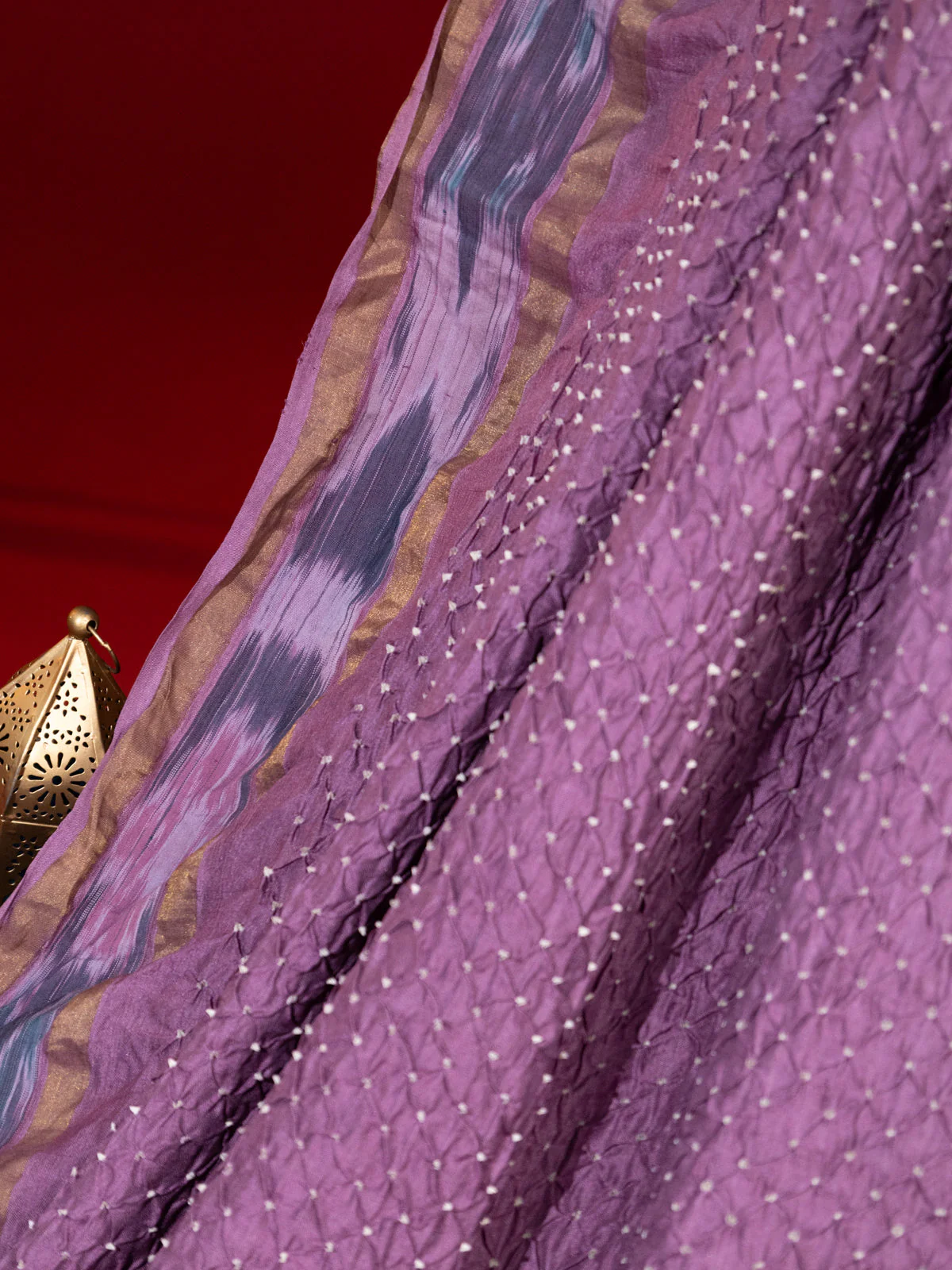 Pastel Purple Tussar Silk Saree With Bandhej And Kantha Work - Image 3