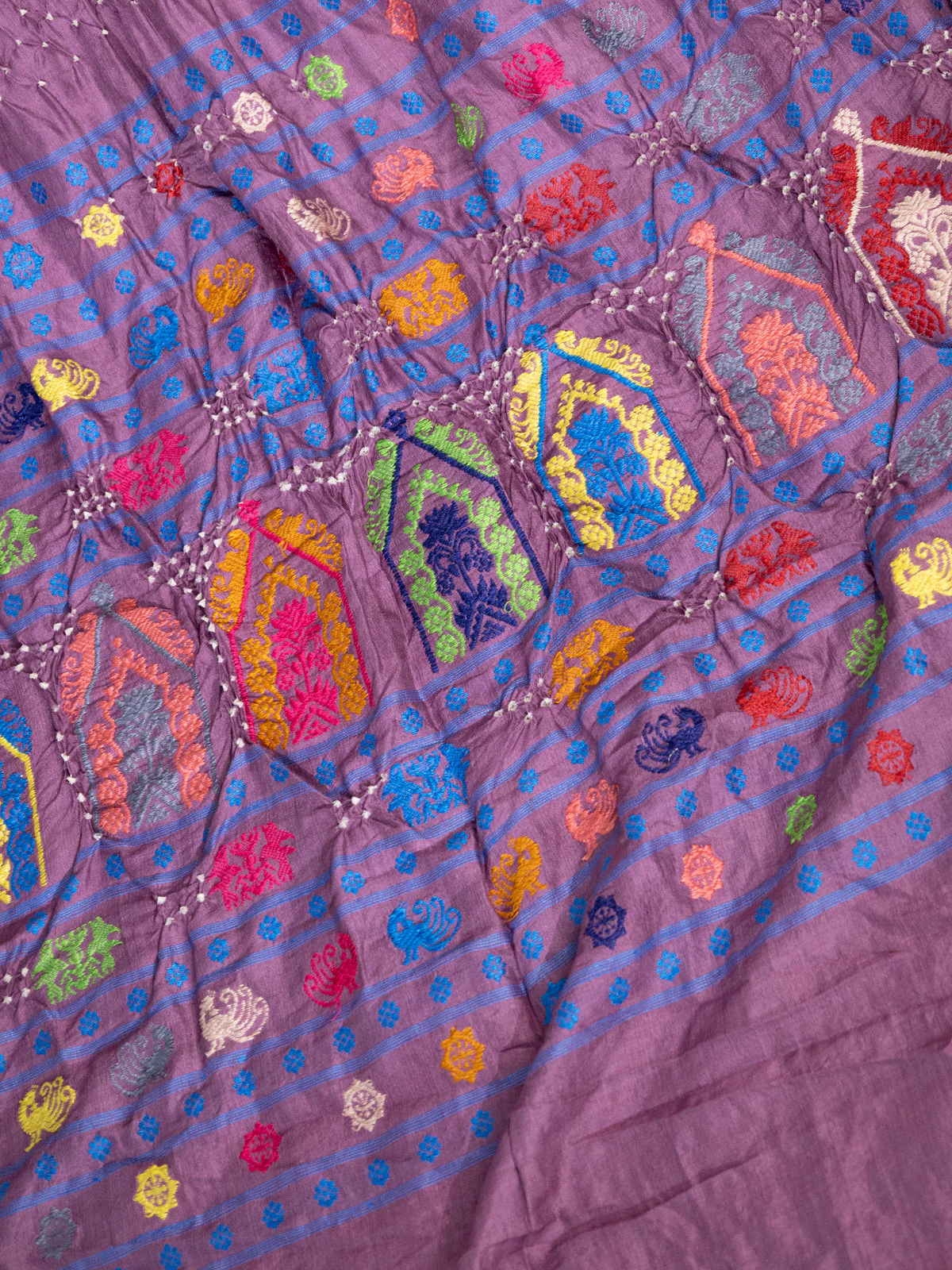 Pastel Purple Tussar Silk Saree With Bandhej And Kantha Work - Image 4