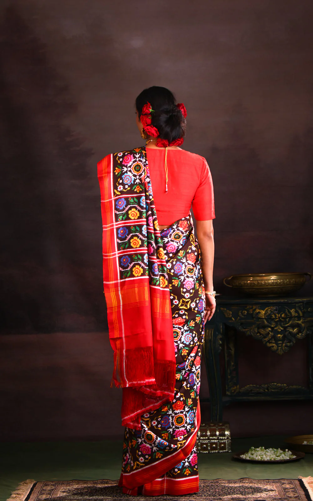 Coffee Brown & Red Patan Patola Silk Saree - Image 3