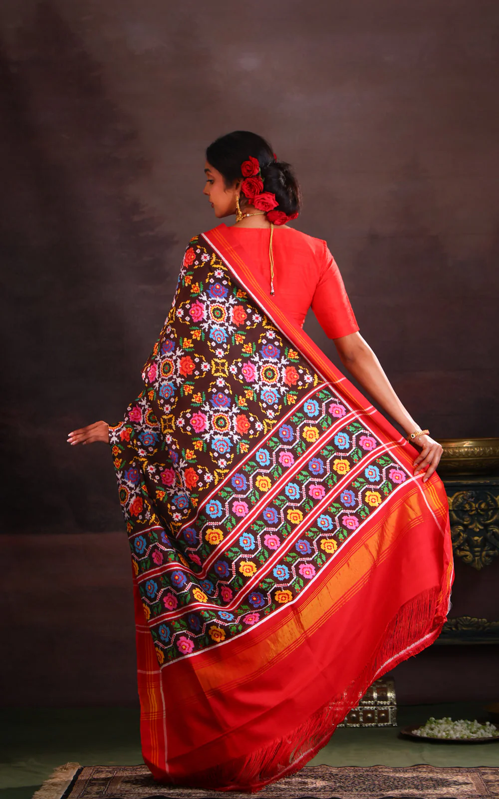 Coffee Brown & Red Patan Patola Silk Saree - Image 4