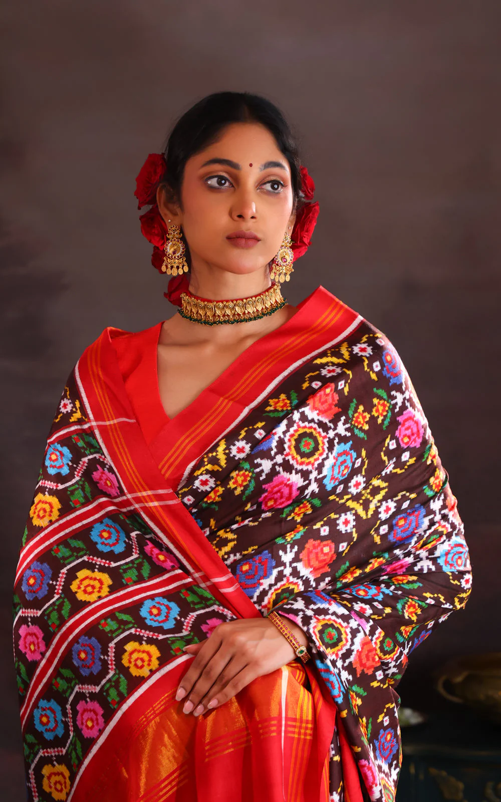 Coffee Brown & Red Patan Patola Silk Saree - Image 5