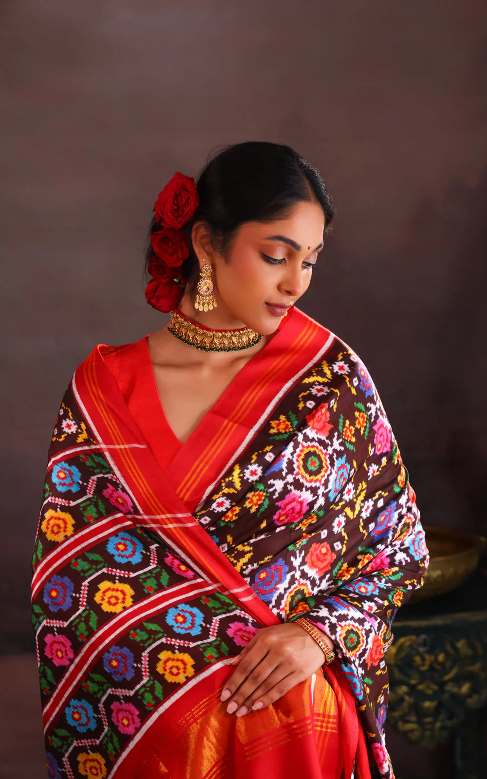 Coffee Brown & Red Patan Patola Silk Saree - Image 6