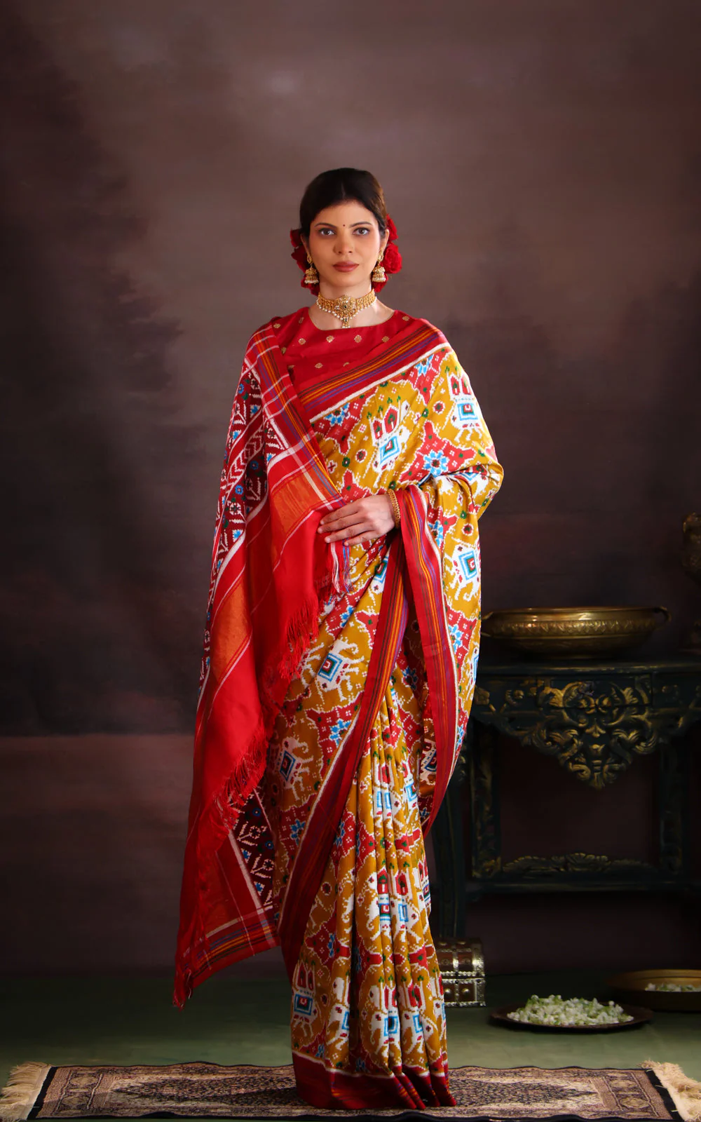 Mustard Shade & Red Patan Patola Silk Saree - Image 3