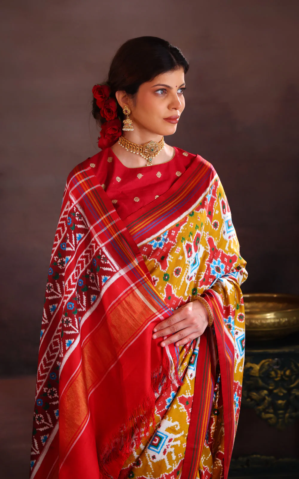 Mustard Shade & Red Patan Patola Silk Saree - Image 4