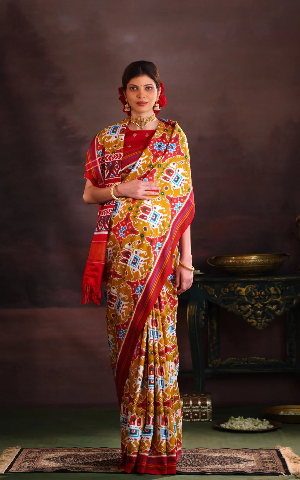 Mustard Shade & Red Patan Patola Silk Saree - Image 6