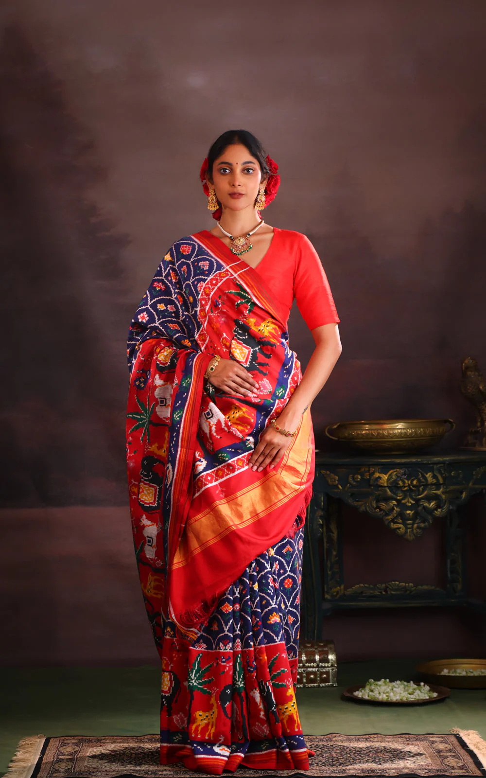 Navy Blue & Red Patan Patola Silk Saree - Image 3