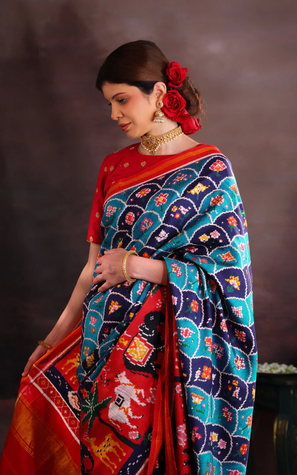 Blue & Red Patan Patola Silk Saree - Image 3