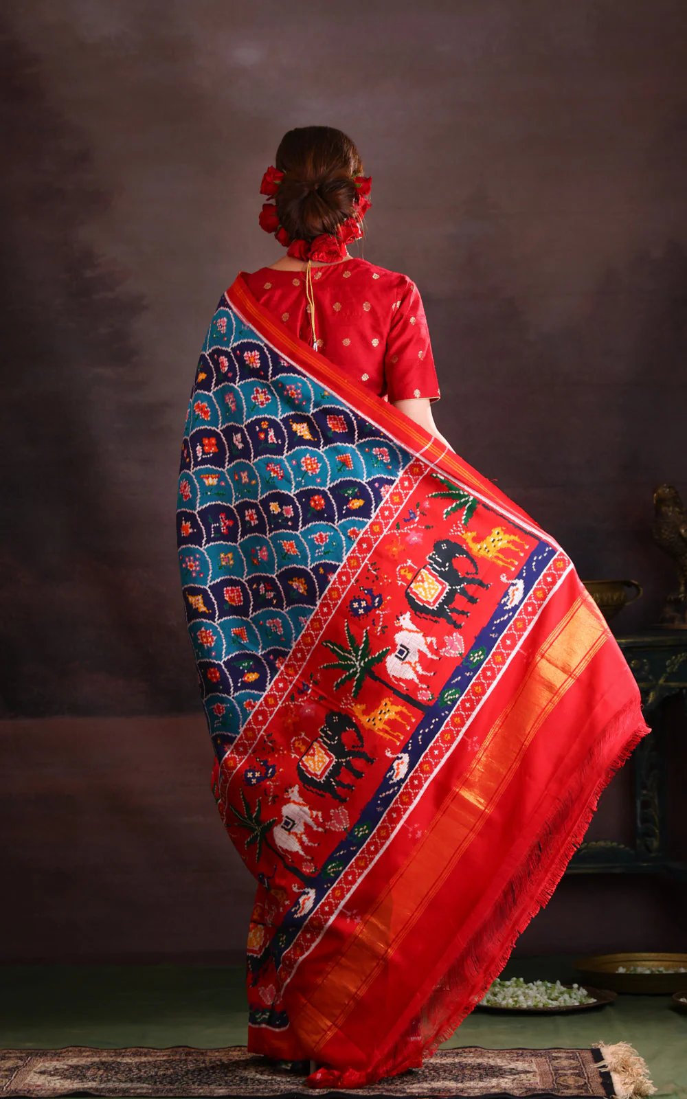 Blue & Red Patan Patola Silk Saree - Image 4