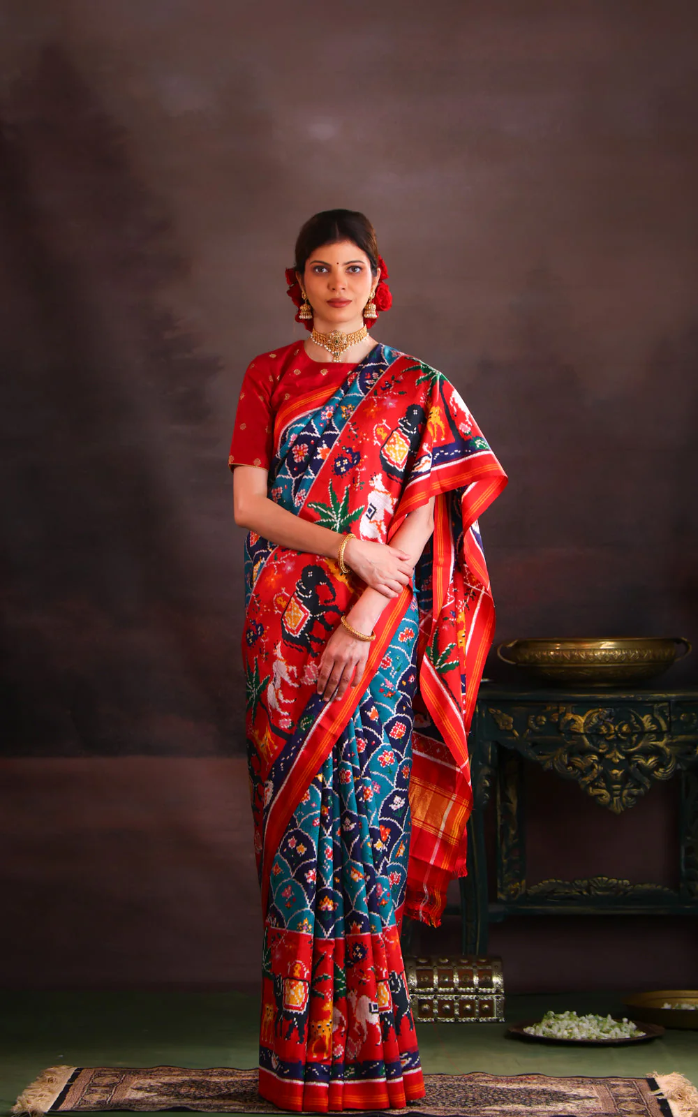 Blue & Red Patan Patola Silk Saree - Image 5