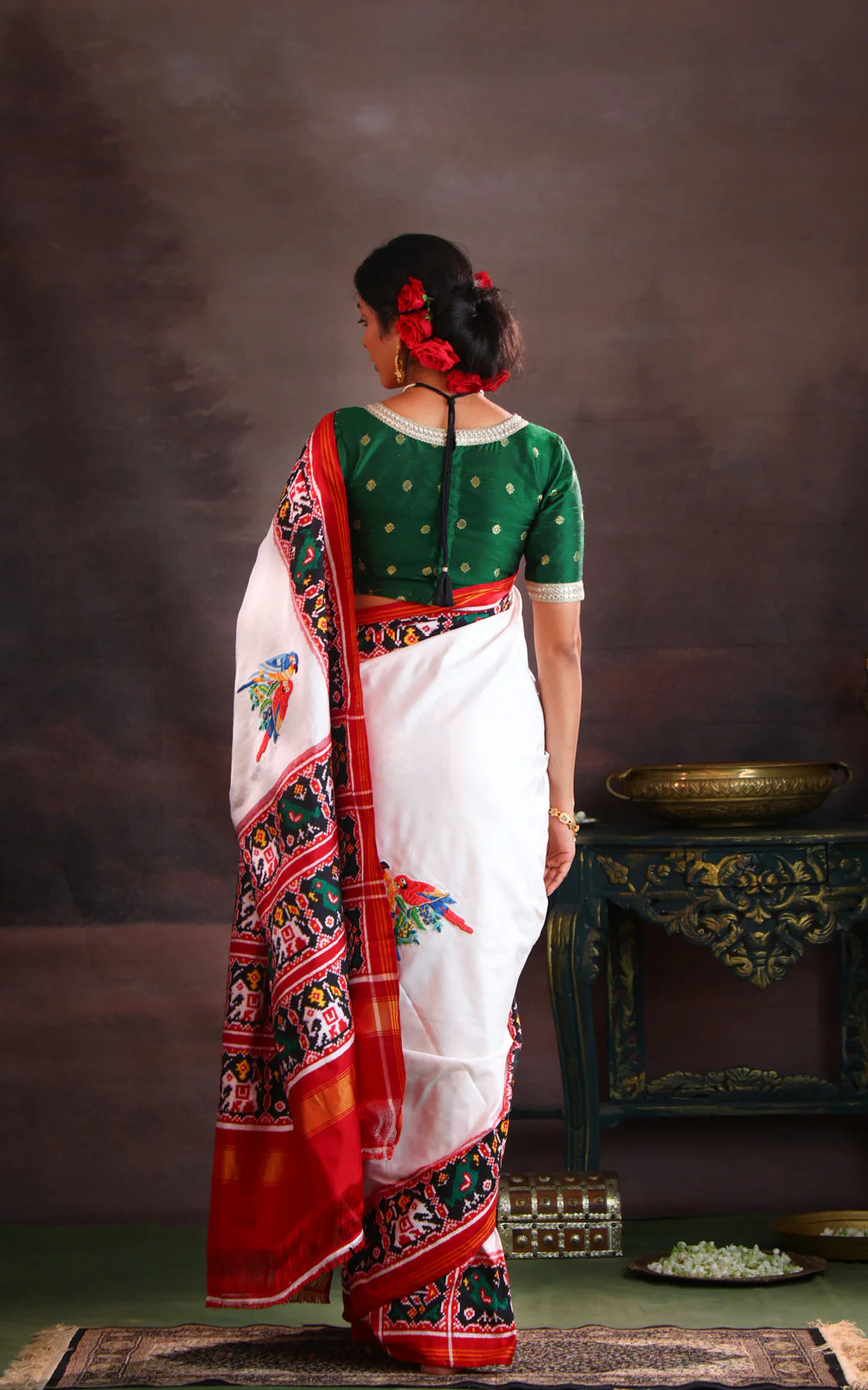 Off White & Maroon Patan Patola Silk Saree With Petit Point Embroidery - Image 4