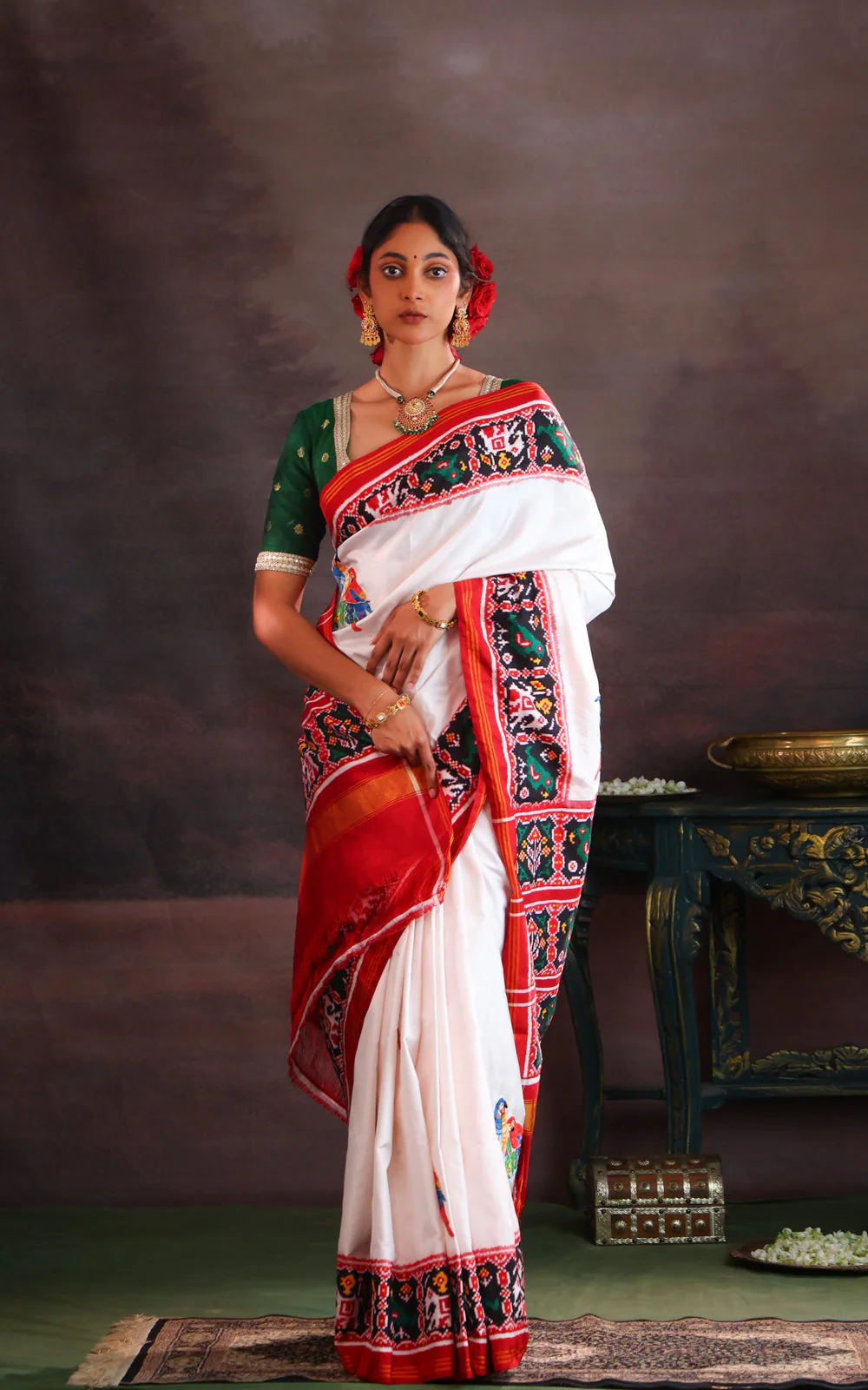 Off White & Maroon Patan Patola Silk Saree With Petit Point Embroidery - Image 5