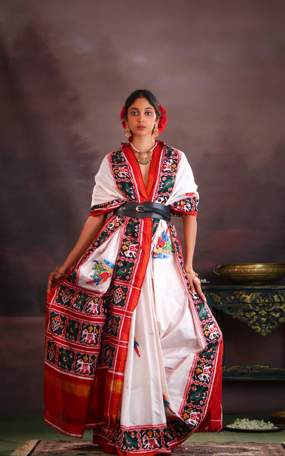 Off White & Maroon Patan Patola Silk Saree With Petit Point Embroidery - Image 6