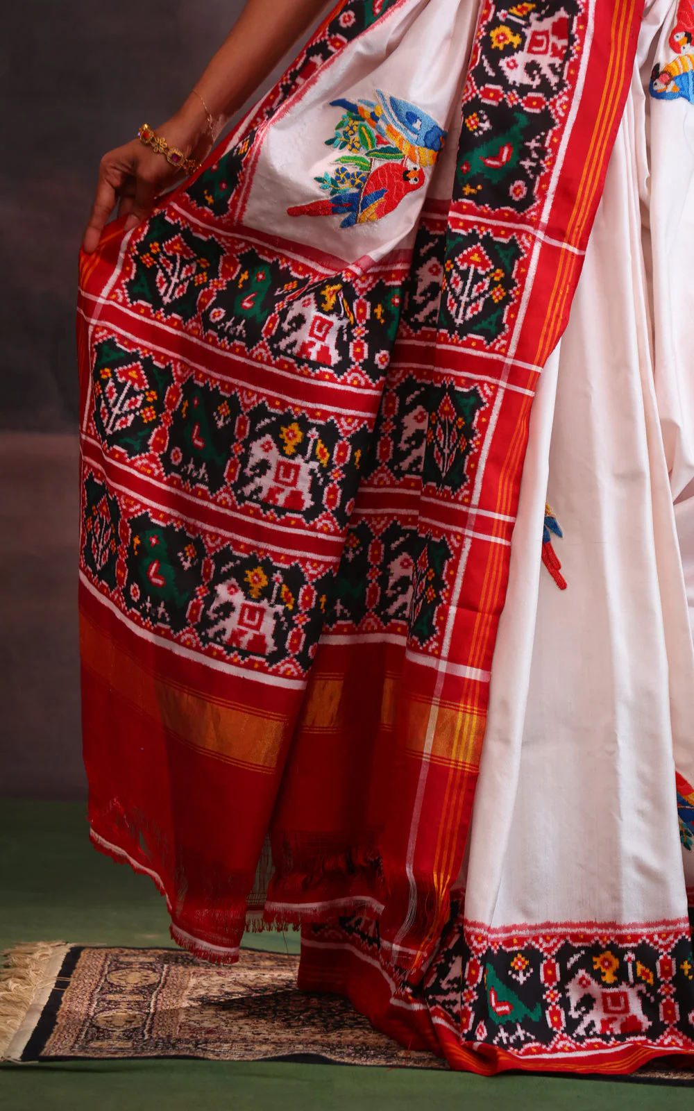 Off White & Maroon Patan Patola Silk Saree With Petit Point Embroidery - Image 7