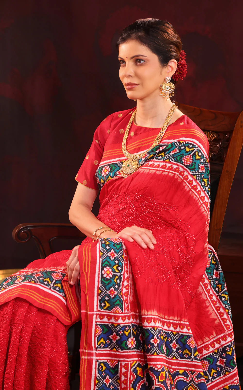 Red & Navy Blue Patan Patola Silk Saree With Bandhej - Image 4