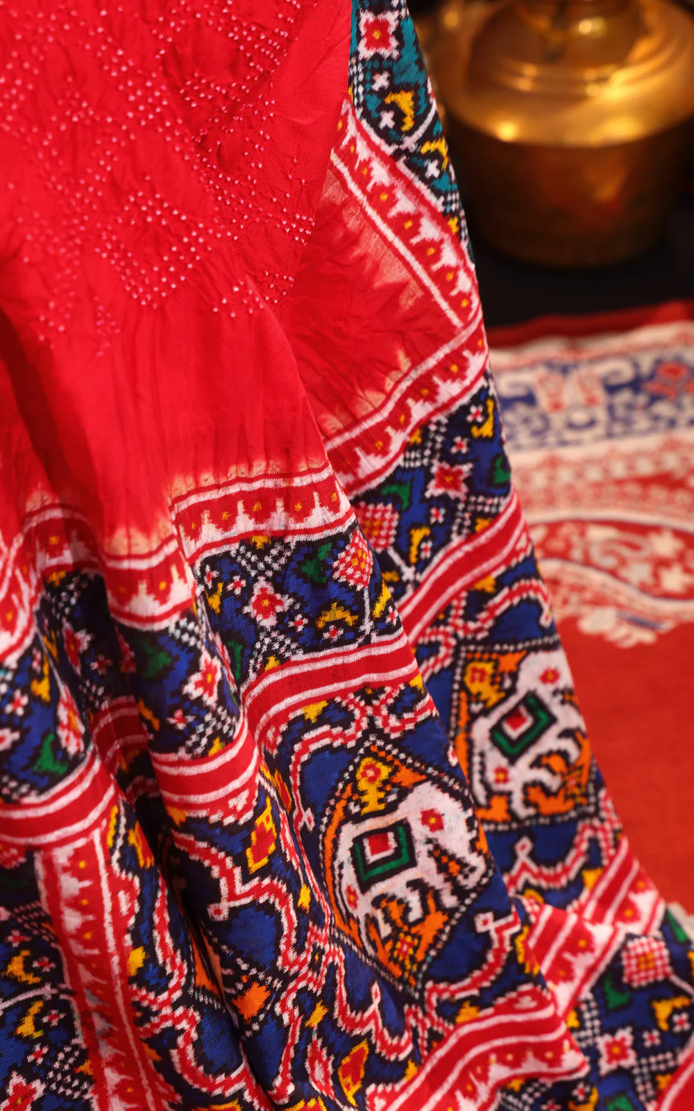 Red & Navy Blue Patan Patola Silk Saree With Bandhej - Image 6
