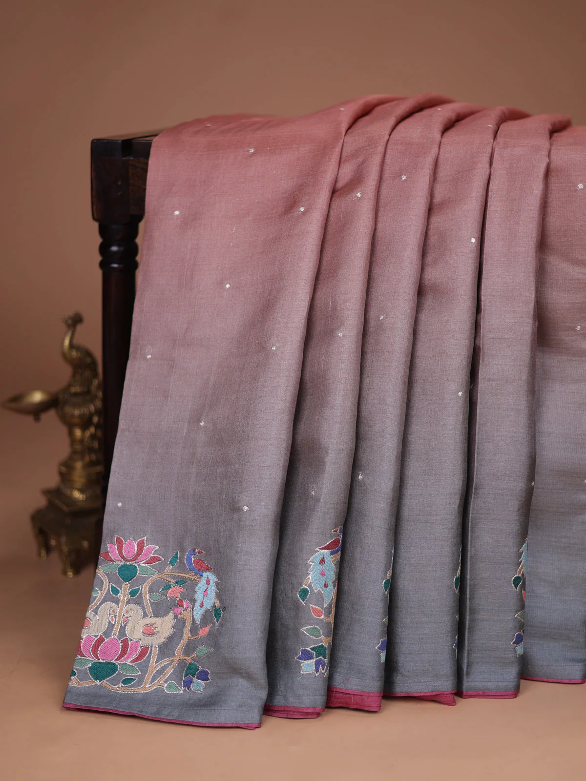 Peach -Grey Tussar Silk Saree - Image 2