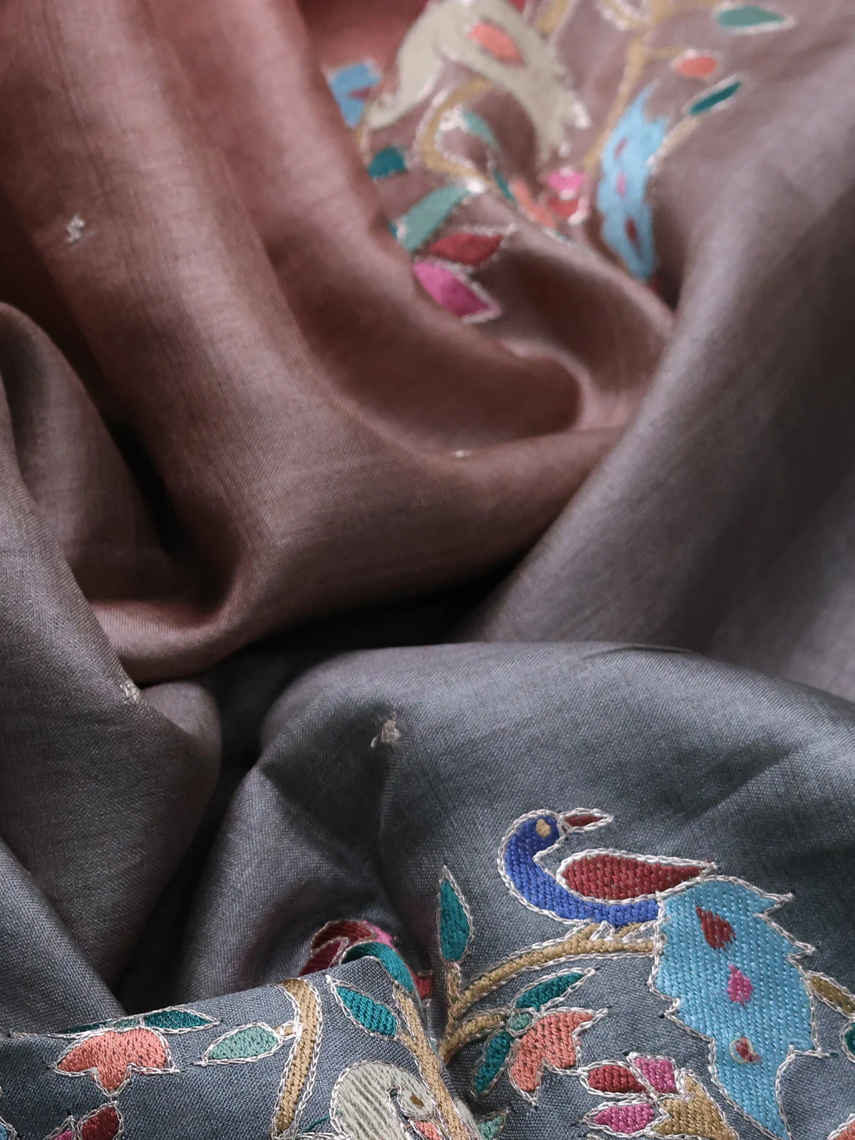 Peach -Grey Tussar Silk Saree - Image 3