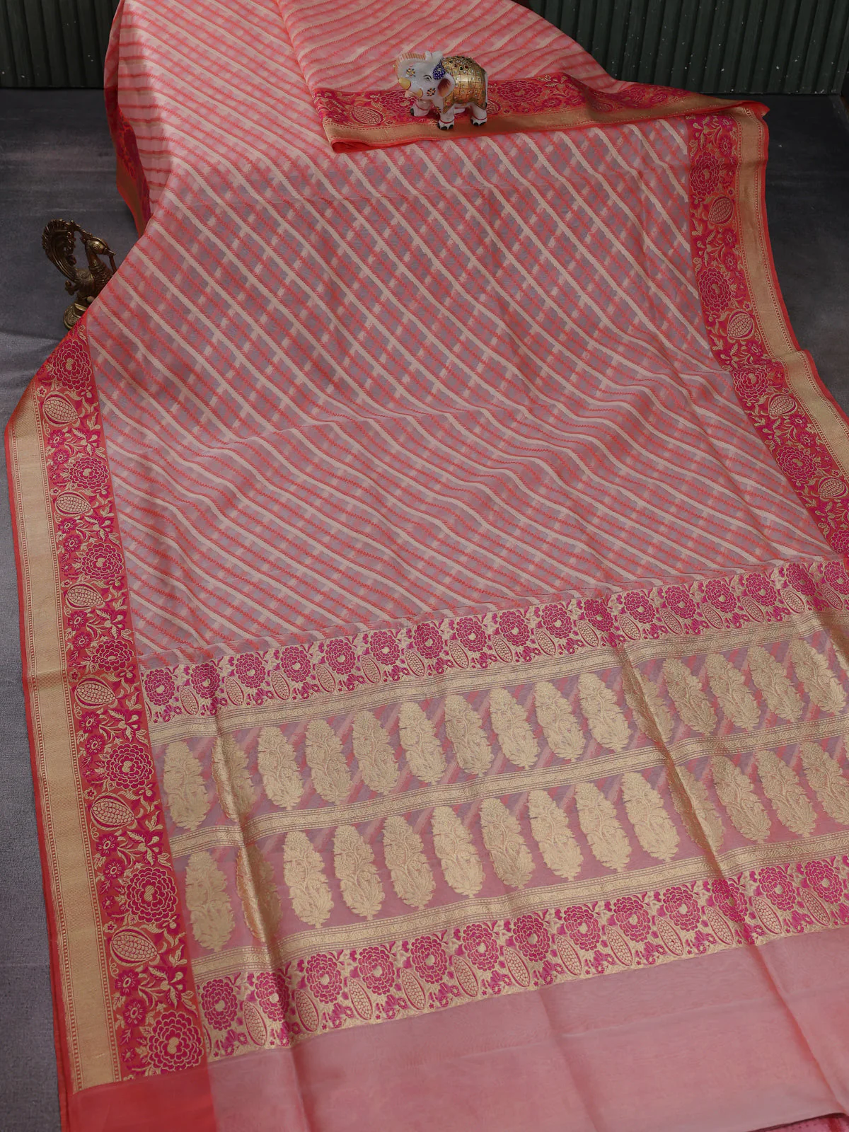 Peach Orange Banarasi Kora Silk Saree - Image 2