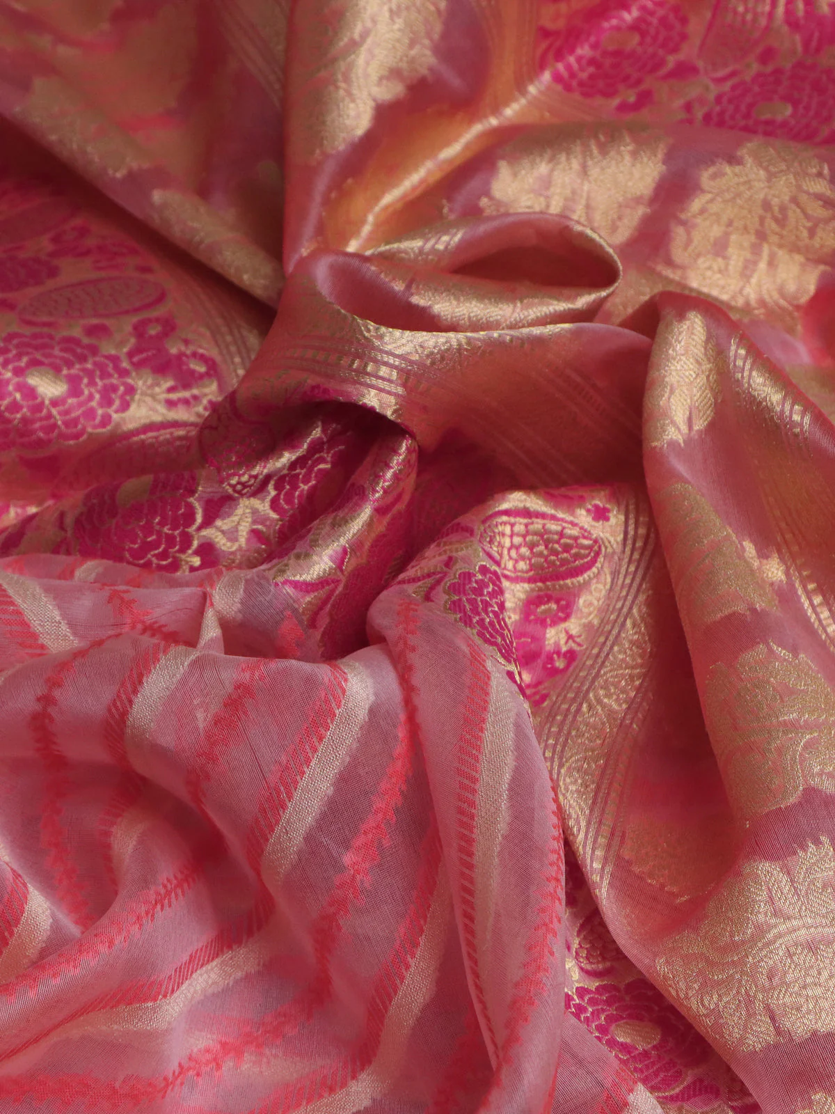 Peach Orange Banarasi Kora Silk Saree - Image 3
