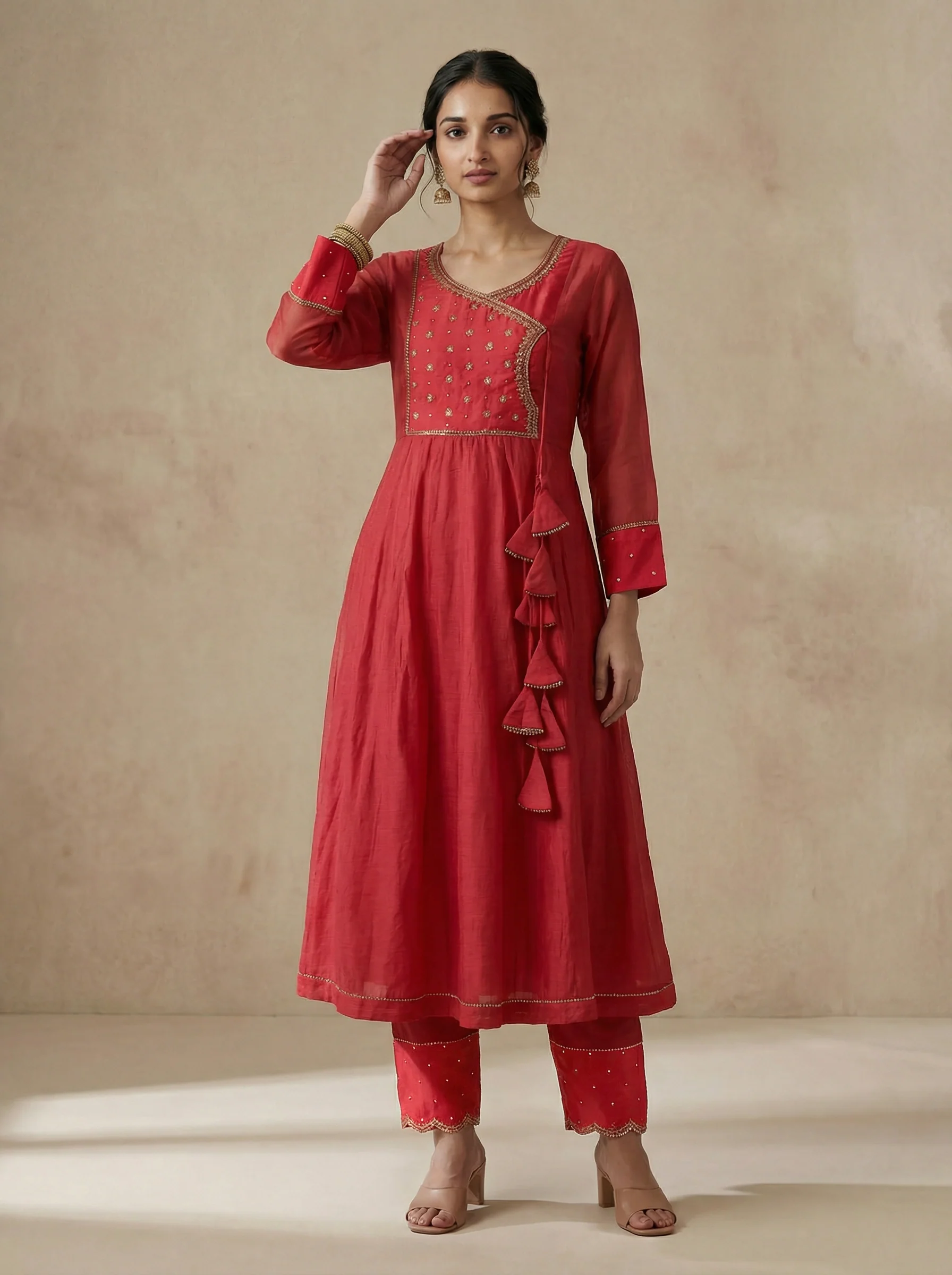 Peach Pink Chanderi Anarkali Suit - Image 2