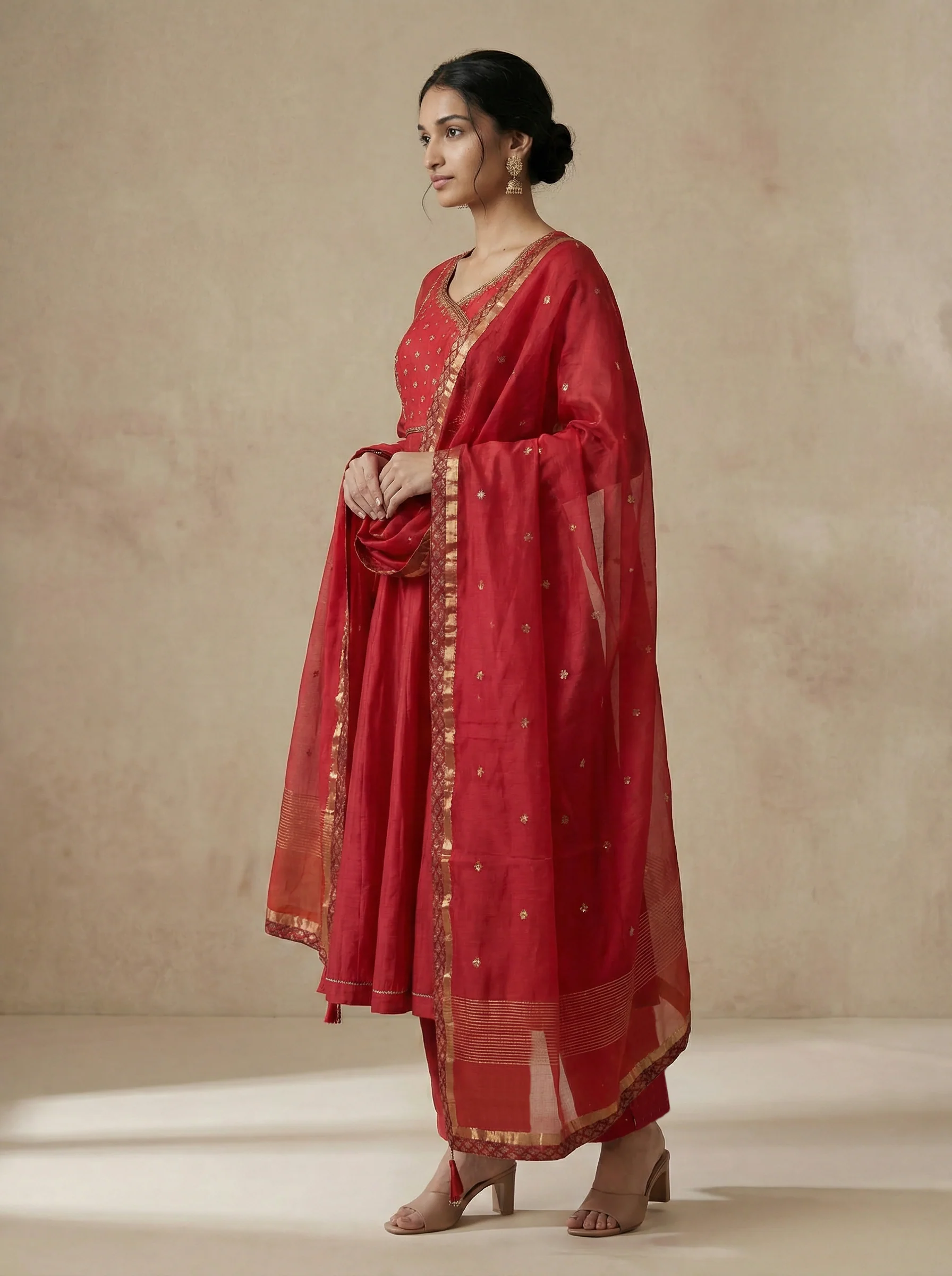 Peach Pink Chanderi Anarkali Suit - Image 3