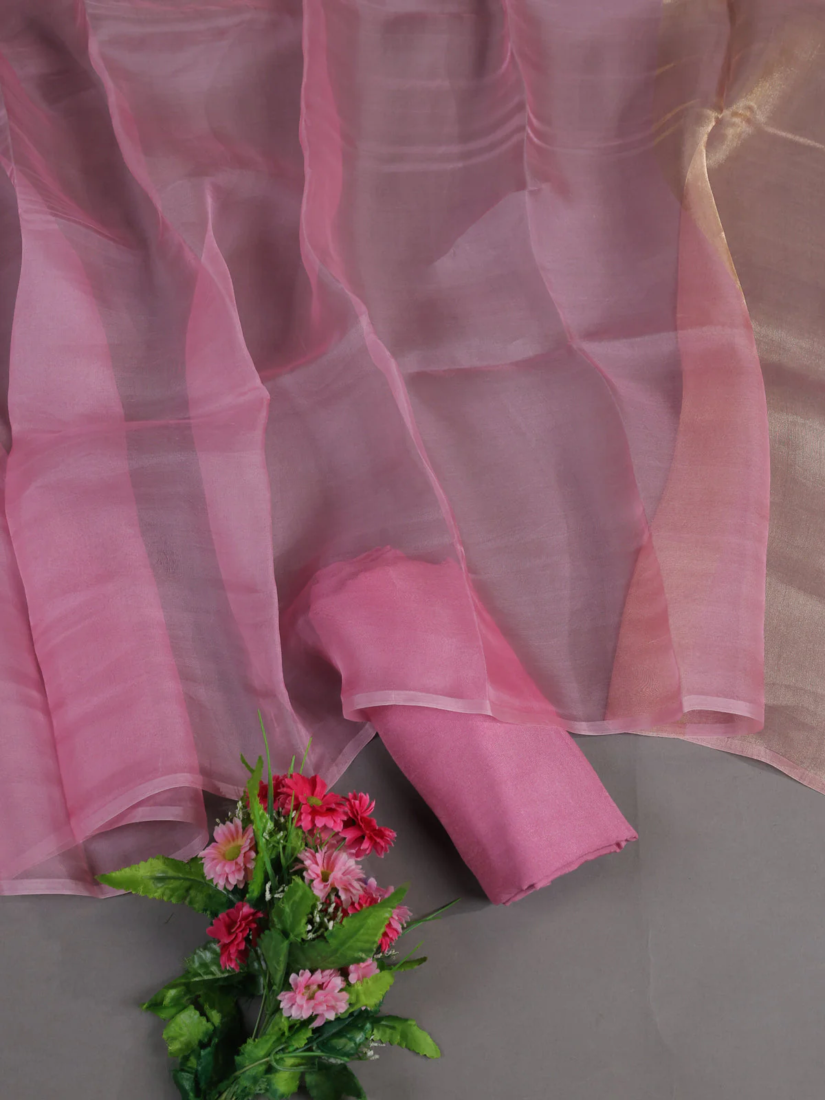 Peach Pink Mul Chanderi Semi Stitched Suit - Image 2