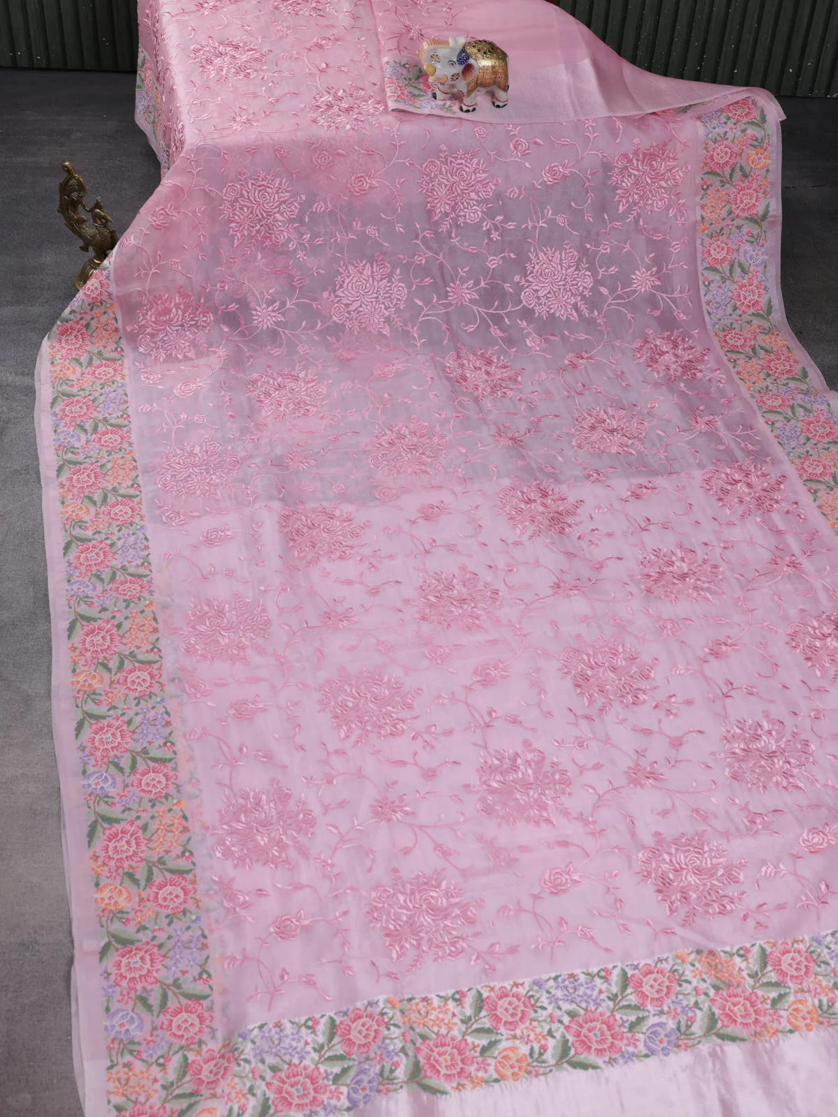 Peach Pink Organza Silk Saree With Allover Parsi Work & Kutch Embroided Border - Image 2