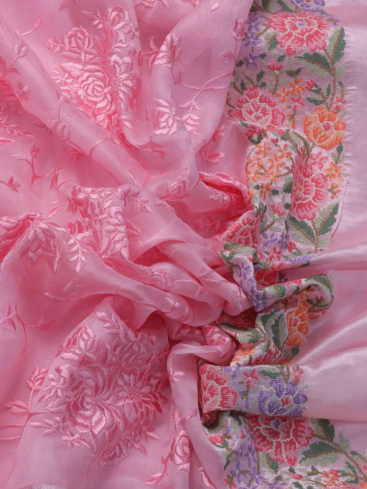 Peach Pink Organza Silk Saree With Allover Parsi Work & Kutch Embroided Border - Image 3