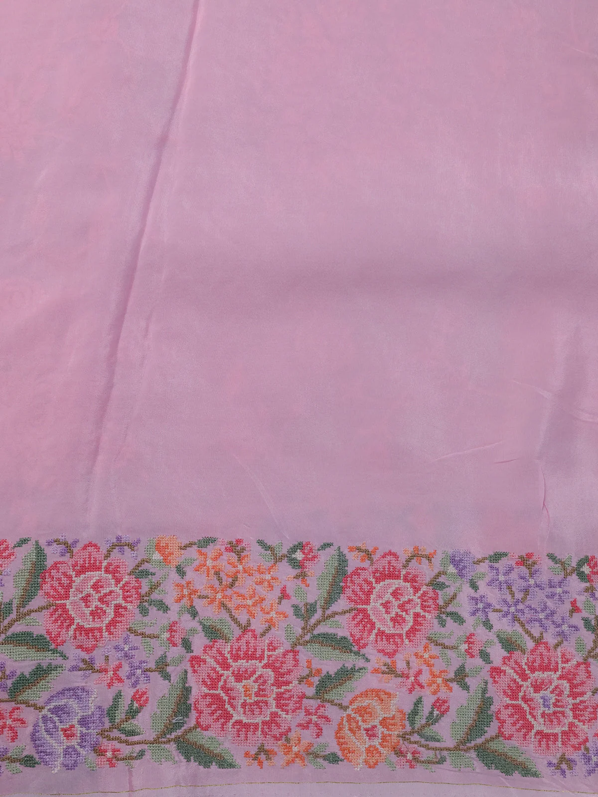 Peach Pink Organza Silk Saree With Allover Parsi Work & Kutch Embroided Border - Image 4